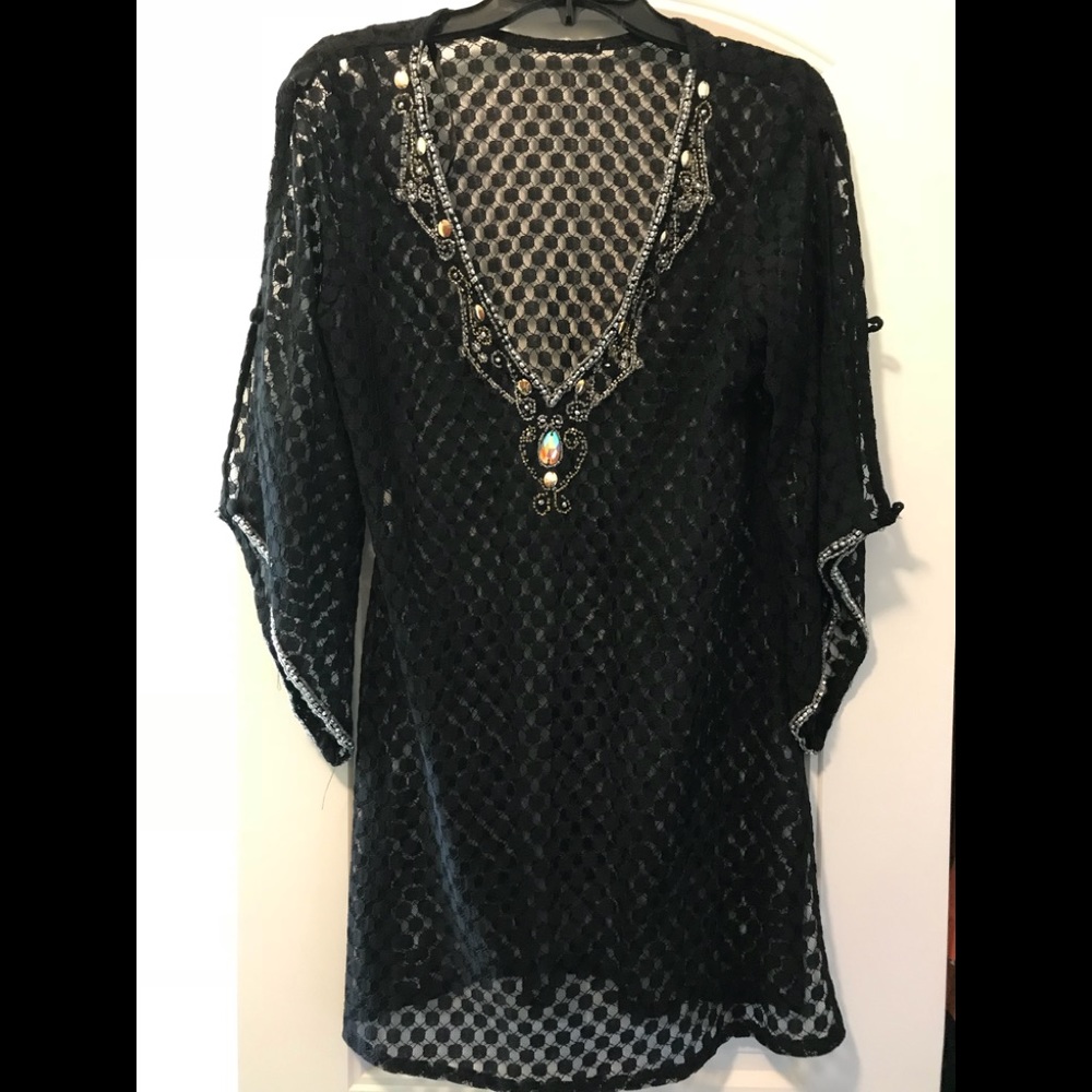 Black swimsuit coverup with beaded embellishments